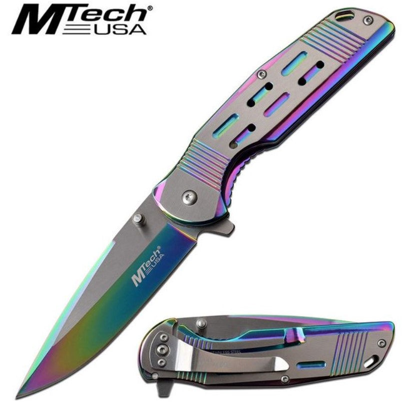 Mtech A1019RB Flipper Framelock Knife, Assisted Opening, Rainbow