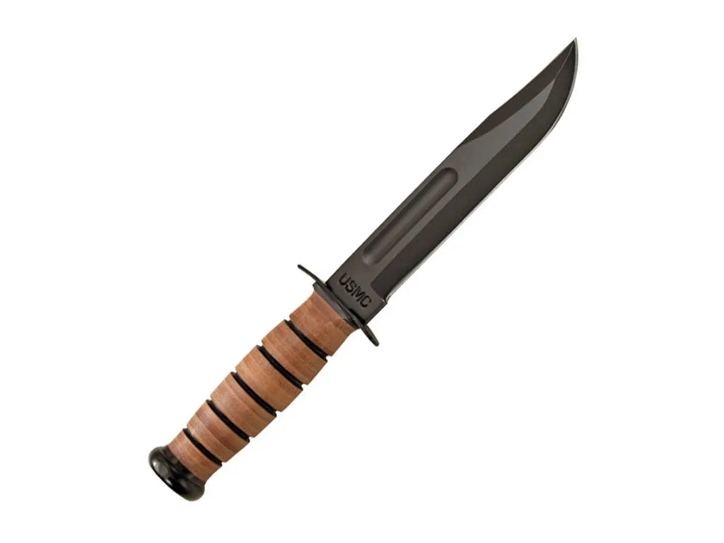 Ka-Bar USMC Fixed Blade Knife, 1095 Cro-Van, Leather Handle, Leather Sheath, Ka1217