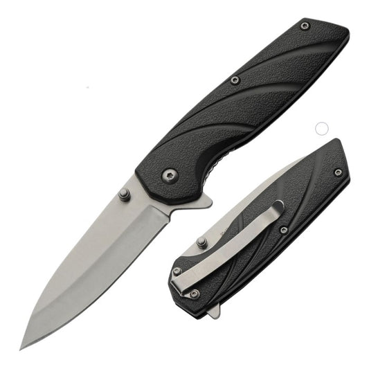 Rite Edge Dark Wave Flipper Folding Knife, Satin Blade, Black Handle, 300596