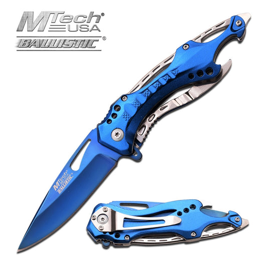 MTech A705SBL Flipper Folding Knife, Assisted Opening, Aluminum Blue