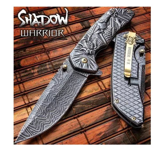 Shadow Warrior Flipper Folding Knife, Damascus Look w/Samurai Art Work, Assisted Opening